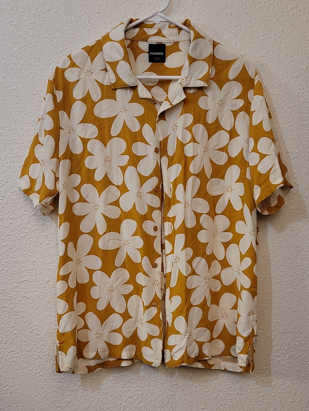 RSQ Men's Mustard Yellow Floral Short-Sleeve Button-Up Shirt